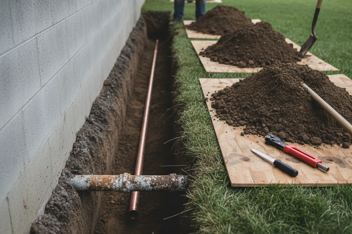 Excavated water line trench during Water Heater Repair in Tichnor